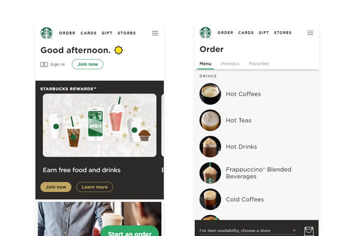 Web app de Starbucks sendo usado em desktop