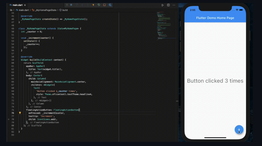 Captura de tela de codificação em framework Flutter de linguagem Dart para desenvolvimento mobile