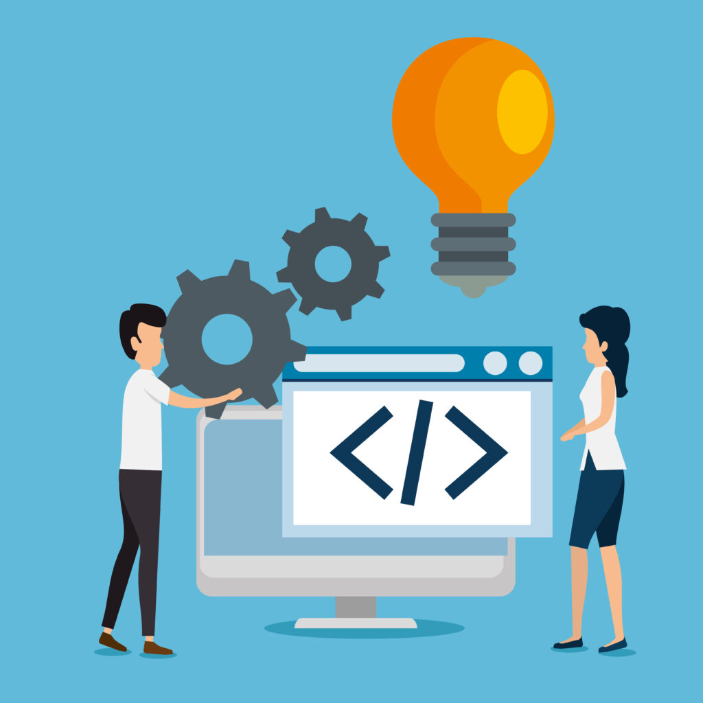 desenho gráfico de homem e mulher trabalhando em conjunto para desenvolver site através de framework 