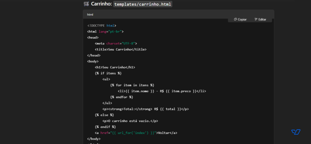 Exemplo de template HTML com Jinja para exibir um carrinho de compras
