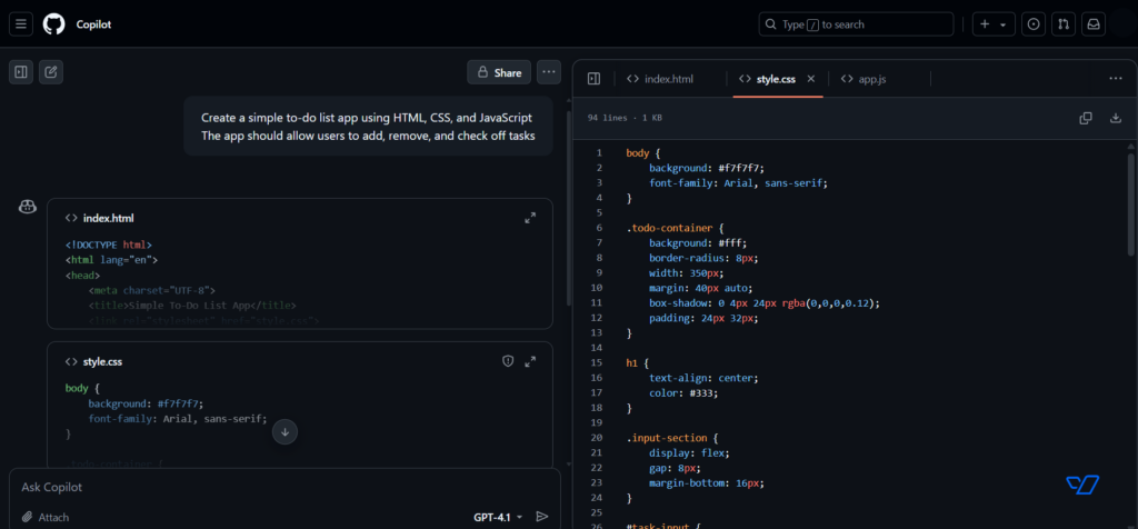 Interface do GitHub Copilot gerando código para uma aplicação To-Do List

