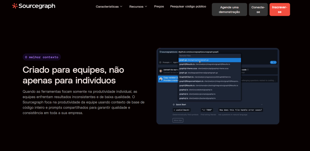IA para programação em ação: Sourcegraph facilita o desenvolvimento colaborativo e a automação de código.