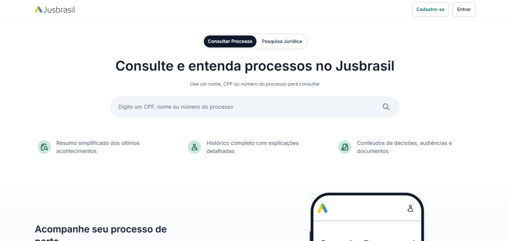Interface do site JusBrasil, que utiliza IA Jurídica para facilitar a pesquisa de processos.