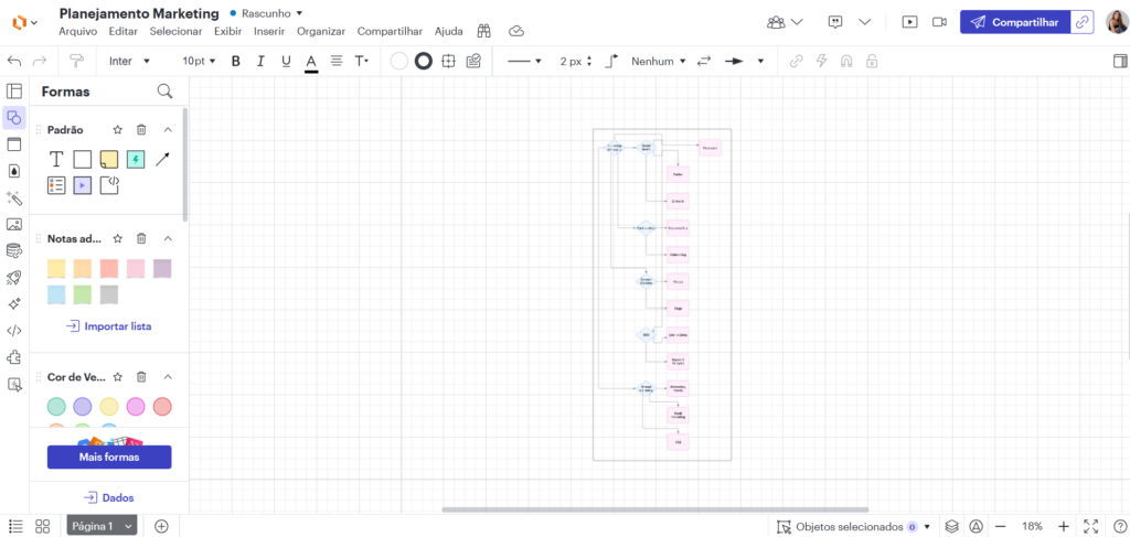 Interface do software de mapa mental Lucidchart. Ele possui integração com o Slack, além disso, possui várias opções de formas e notas.