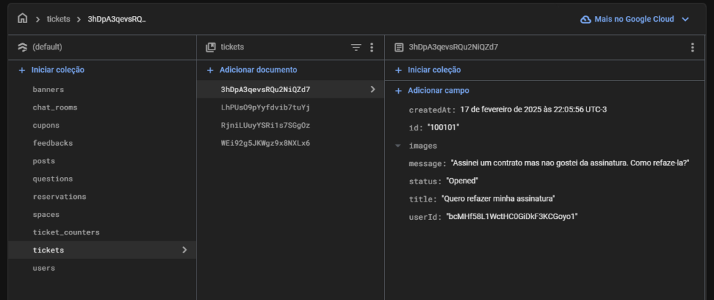 Interface do banco de dados Firebase da Google Cloud.