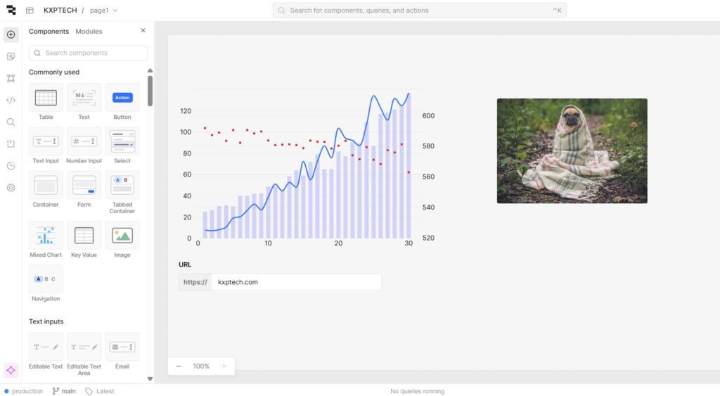 Interface de criação da plataforma low-code Retool, exibindo componentes, páginas e códigos, facilitando o desenvolvimento ágil de aplicativos personalizados.