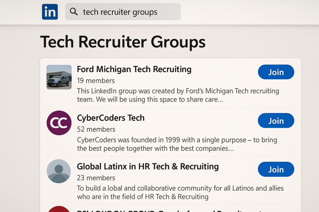 No LinkedIn, é possível encontrar diversos grupos voltados para Tech Recruiters. Esses espaços são ideais para trocar experiências, divulgar vagas e fortalecer o networking na área.