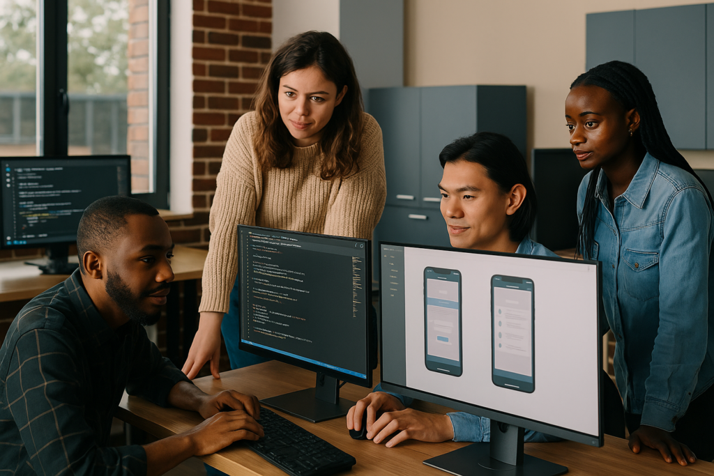 Equipe de desenvolvedores mobile colaborando no design e programação de um novo aplicativo — unindo tecnologia, usabilidade e inovação.