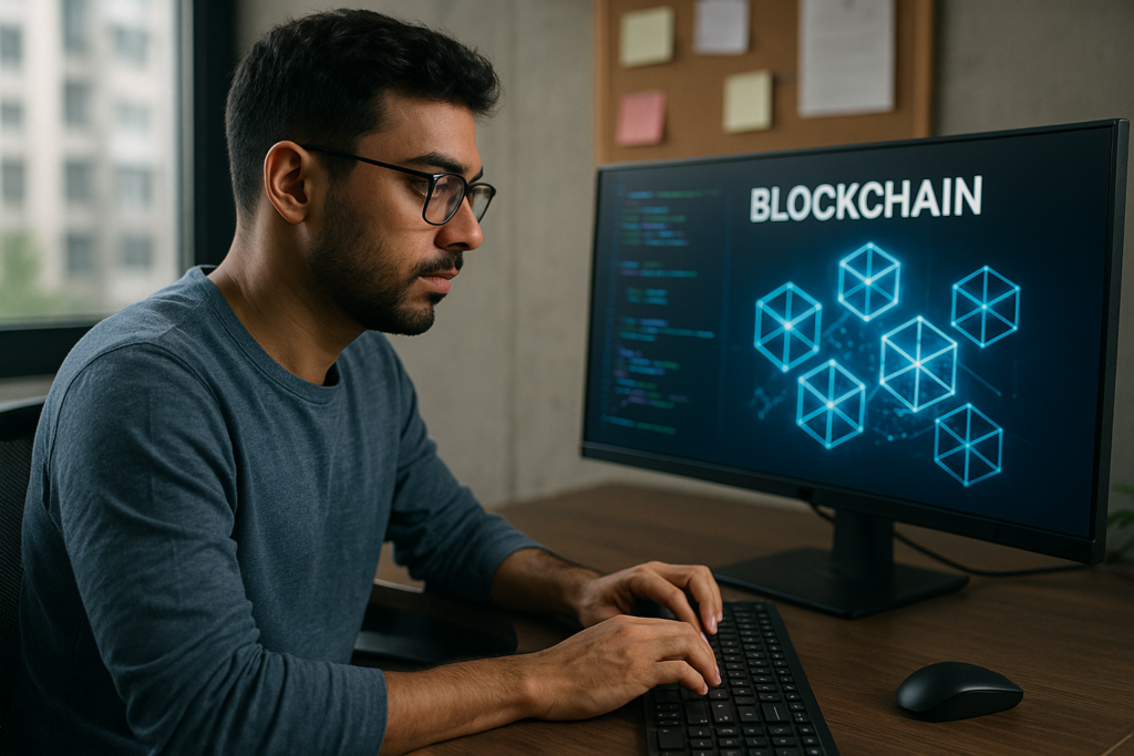 desenvolvedor Desenvolvedor blockchain em ação: programando contratos inteligentes e construindo soluções descentralizadas que movem o futuro da Web3.