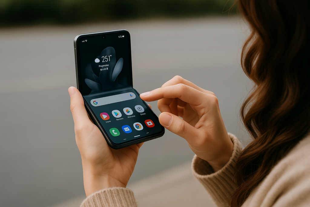 Ao desenvolver para dispositivos como celulares flip (ex: Samsung Z Flip), os programadores devem considerar mudanças dinâmicas na resolução de tela e orientação, já que o aparelho pode ser usado dobrado, semiaberto ou totalmente aberto. Fonte: Imagem gerada por IA