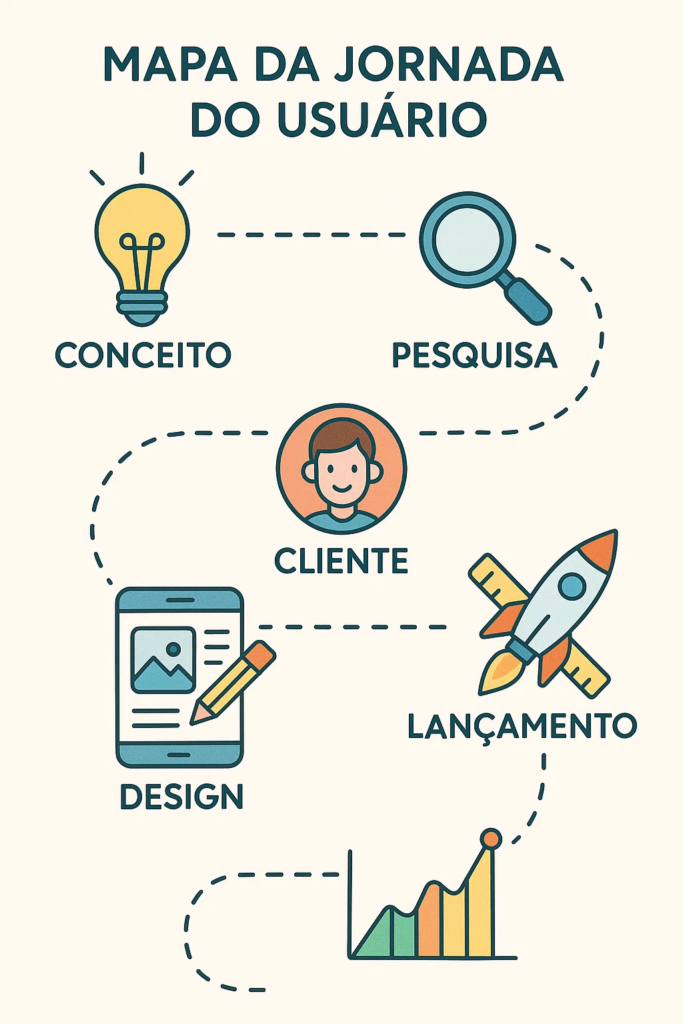 Esta imagem ilustra as principais etapas da jornada do usuário: Conceito, Pesquisa, Cliente, Design, Lançamento e Resultados. Fonte: KXP Tech