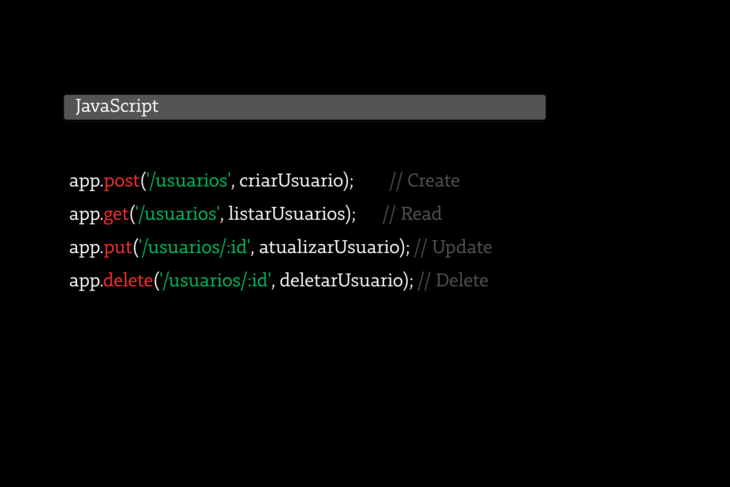 Exemplo de rotas CRUD em uma aplicação Node.js com Express: cada linha representa uma operação essencial.
Imagem: KXP Tech