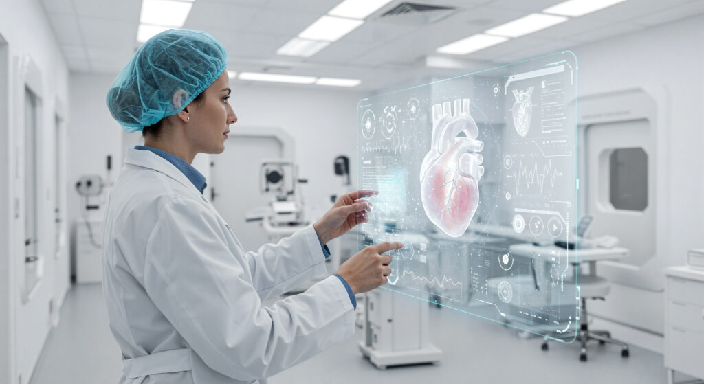 Médica interage com sistema inteligente de visualização cardíaca, através de Inteligência Artificial na Saúde.