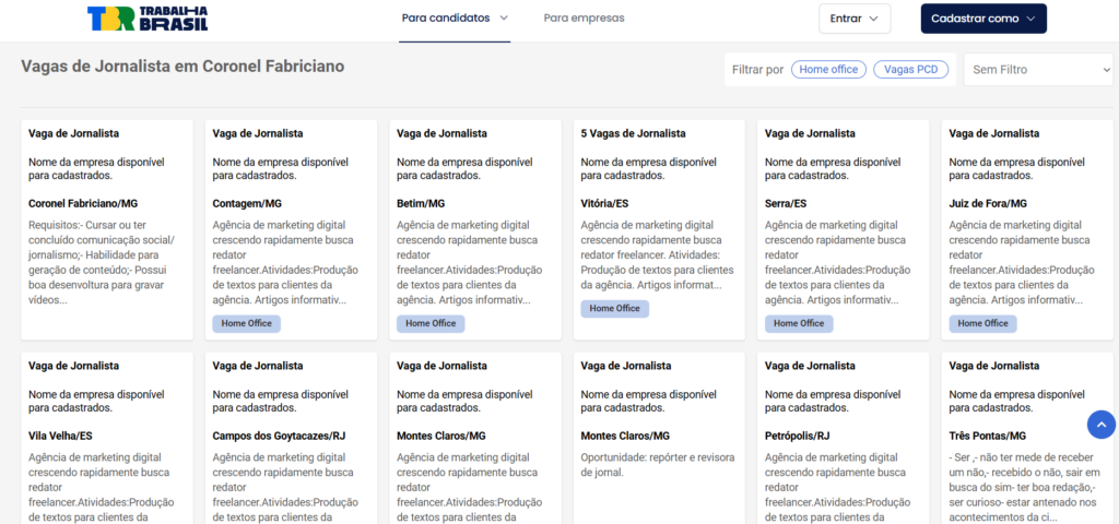 O app exibe diversas oportunidades segmentadas por cidade e permite filtrar por vagas home office, PCD ou tipo de contrato.